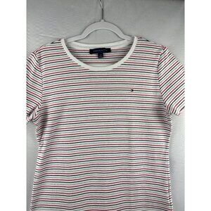 Tommy Hilfiger Womens Striped Crew Neck T-Shirt L/G 100% Cotton White/Red/Black